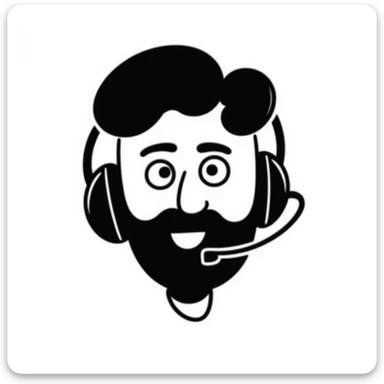 A person with black hair, brown eyes, a black beard, wearing a gaming headset sticker