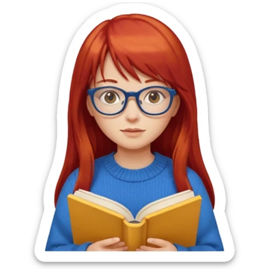 a girl with long red hair and bangs with glasses wearing blue sweater reading a yellow cover book sticker
