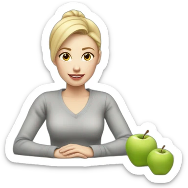 Woman with pale skin, short blonde ponytail and gray sweater sitting at table with Apple laptop sticker