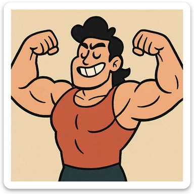 a strong person, flexing muscles, bold lines, cartoon style sticker