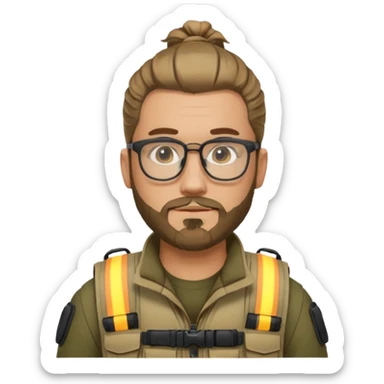 emoji of a man with a man bun, beard, glasses, and tactical vest sticker
