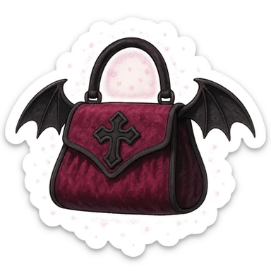 Pink and black gothic purse in Ghibli style, bat wing accents, velvet texture, magical aura, no background sticker