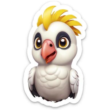 Cinematic Comical Cockatoo Portrait Emoji, Head tilted dramatically with an exaggeratedly shocked expression, featuring a striking, crest-adorned head with wide, comically expressive eyes full of playful disbelief and a vibrant, animated beak, Simplified yet hilariously expressive features, highly detailed, glowing with a slightly sassy tropical glow, high shine, dramatic yet playful, stylized with an air of cheeky avian mischief, soft glowing outline, capturing the essence of a meme-worthy cockatoo that looks ready to squawk its way into viral fame! sticker