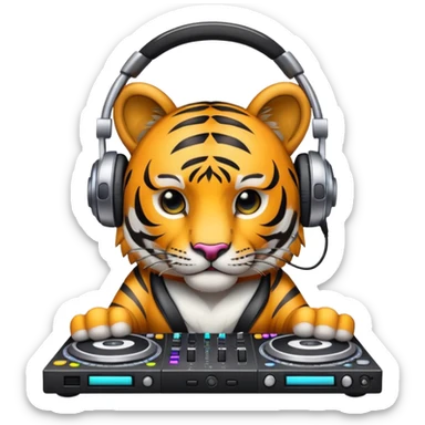 DJ tiger face with headphones and mixing deck for Twitch emote sticker