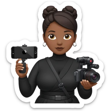 middle aged, plump woman photographer with dark hair, slicked back in a bun, wearing black clothes, carrying a canon r5, and an iPhone on a gimbal sticker