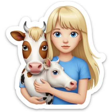 Woman whit hair long and blonde bangs in front, blue eyes, white t shirt carry a cow  sticker