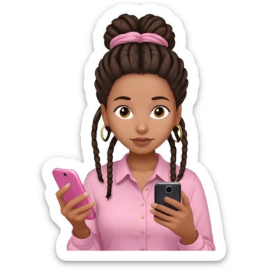 Dark brown woman with dreadlocks in bun Light pink shirt texting on pink phone sticker