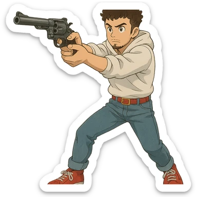 1 male, mid fade haircut dark chestnut brown curly hair, toasted lightskin, white hoodie sleeves up, fashion jeans, red fashion-sneakers shoes, red belt, short trimmed beard and goatee,  style of deku from "my hero academia", drawing a magnum revolver like dirty harry sticker