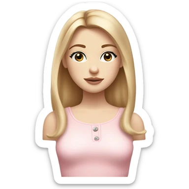 Girl with dirty blonde, straight hair medium length past shoulders , blue/grey eyes with semi long lashes, pale but not albino, freckles mostly on and around the nose, button nose, not thick but not thin lips with a small cupids bow shape, facing front on with shoulders and up wearing a light pink coquette  sticker