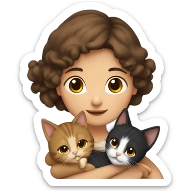 a young girl with brown hair and with two cats hugging her, one black and the other snowshoe sticker