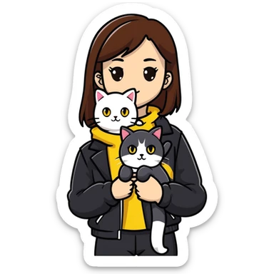 Light-skinned girl with brown straight hair wearing a black jacket, with a white cat with yellow eyes and a calico cat sticker