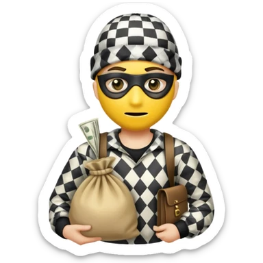 Robber with yellow skin wearing checker shirt,black eye mask, black beanie, and carrying a money sack sticker