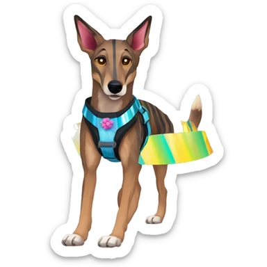 brindle brown black maroon striped lurcher Alsatian fox running blue eyes and iridescent holographic oilslick harness wearing paper iridescent tropical flower crown yellow caution tape sticker