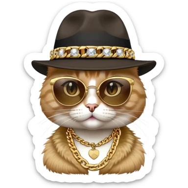 female cat head and shoulders wearing Run DMC hip-hop outfit, fedora, dark sunglasses, many gold chains, bling accessories sticker