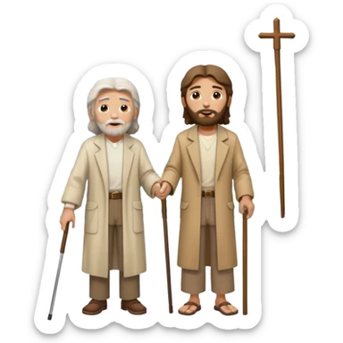 Jesus helping an elderly man with a cane, surrounded by city buildings sticker