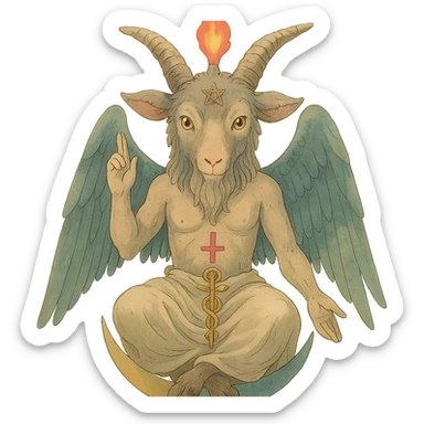 baphomet, mystical goat-headed figure, original depiction by Eliphas Levi, ghibli style sticker