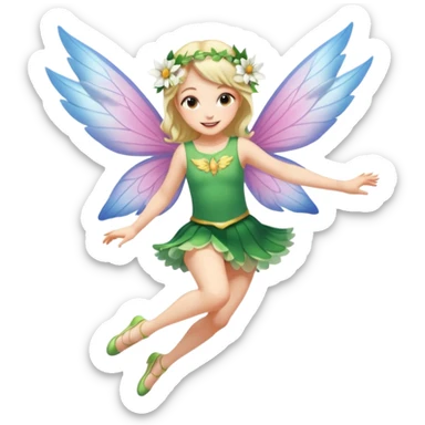 A winged flower fairy white skin girl, wearing a short skirt, one leg straight and the other bent, her body tilted, in a flying pose. sticker