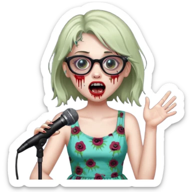 singer, Zombie girl, super happy, wearing dress, singing to mic, glasses sticker