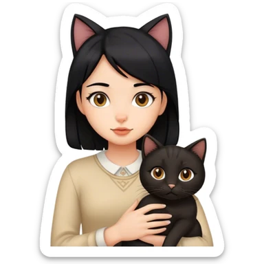 Girl black hair with brown cat sticker