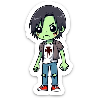 White boy, split hair black medium/long, with hurts, like zombie sticker
