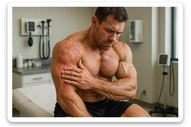 BODYBUILDER STESO SUL LETTINO DI UN MEDICO CON IRRITAZIONE CUTANEA, iperrealistico 4k sticker