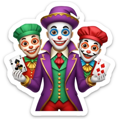 3 poker cards, with crazy colorful human jolly jokers inside, face and body only sticker
