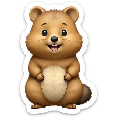cinematic-quokka-realistic-emoji,-small-round-frame-balanced-on-tiny-strong-hind-legs, head tilted in an endearing manner, comical smil, giant-fluffy-cheeks-large-smile-fluffy-brown-fur-radiating-a-warm-softness,-big-round-eyes-filled-with-joy, realistic emoji zoomed in sticker