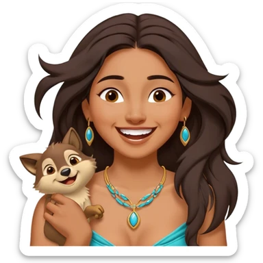 Cinematic Adorable Pocahontas Portrait Emoji, Laughing softly as Meeko tugs at her necklace, hair tousled in the wind, eyes full of warmth, a carefree spirit shining through, capturing the essence of beauty and playfulness! sticker