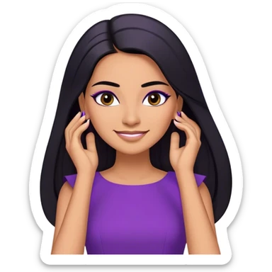 beautiful woman boss, with long straight black hair, with make up, black eye liner, smile, mexican, brown skin, wearing purple dress, she stand up, she replace hair behind her ear sticker