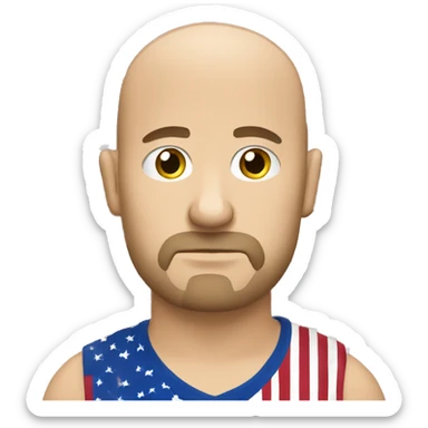 Bald white guy with goatee who looks sad wearing a American flag shirt sticker