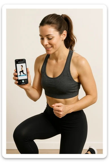 donna su sfondo isolato che fa workout tramite app fitness. in italiano sticker