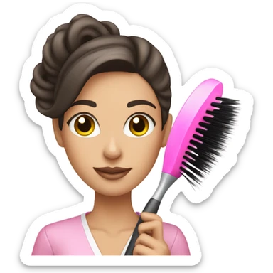 Brunette esthetician wearing pink holding a fan brush sticker