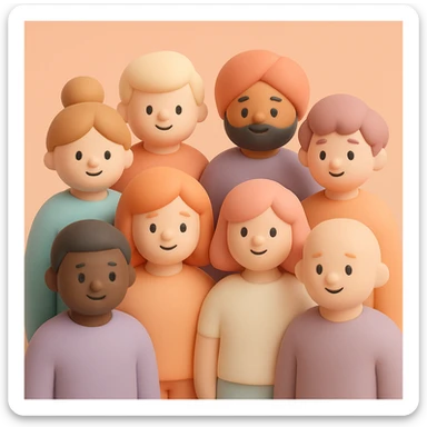 a group of diverse people standing together, mochi style, soft pastel colors, rounded shapes, friendly expressions sticker