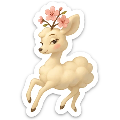 Pixar style graceful feminine vanilla cloud doe with rosy cheeks and cherry blossom head, floating elegantly, confident charming subtly alluring brand mascot for social media sticker