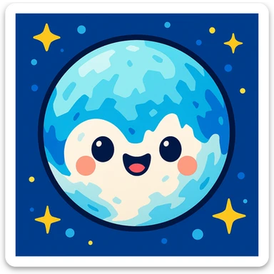 Pluto as a planet, cartoon style, cute face, icy blue and white colors sticker