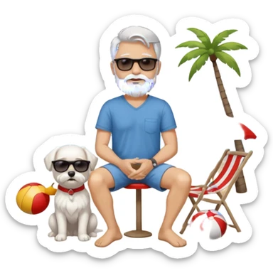 white man grey hair beard holding a white Maltese sitting on a beach full body sticker