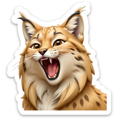 Cinematic-detailed-Yawning-Lynx-Portrait-Emoji – Head tilted slightly with a dramatic, wide-open yawn, revealing a sleek golden-brown fur coat with subtle spots, signature black ear tufts standing tall, round amber eyes barely open in drowsy contentment zoomed out to show the shoulders sticker