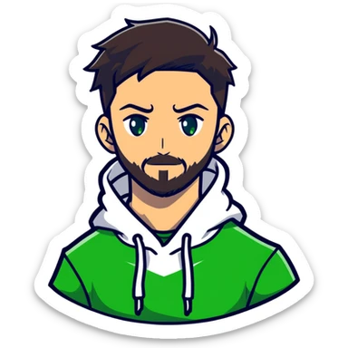 anime style man with short full beard, dark brown undercut hairstyle, white hoodie, and green eyes sticker