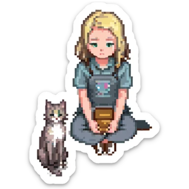 Replace the girl with the one in the reference image, keeping the pose: girl sitting on floor petting a gray and blonde mixed cat, pixel art style, with no background. sticker