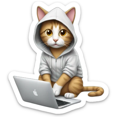 cat with hoodie and a macbook sticker