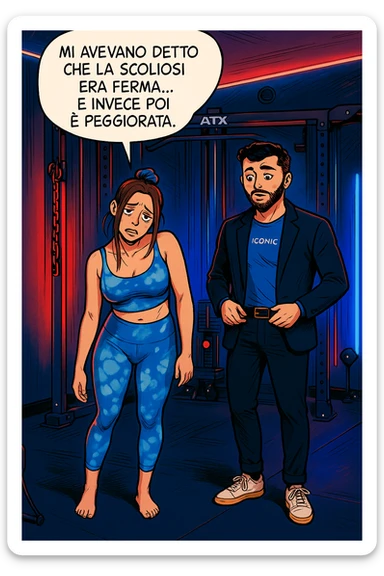 fai questa immagine in versione fumetto/manga/webtoon a colori, il manga mostra la donna disperata con un fumetto sulla testa che dice:
Mi avevano detto che la scoliosi era ferma… e invece poi è peggiorata.
 sticker