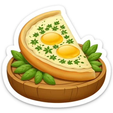 Georgian cuisine avatar in bright emoji-style illustration. Khachapuri and herbs, rich golden and green colors, simple shapes, flat design, strong character. Without human sticker