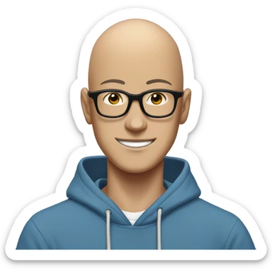 bald saitama in his 20s wearing glasses smiling in a blue hoodie sticker