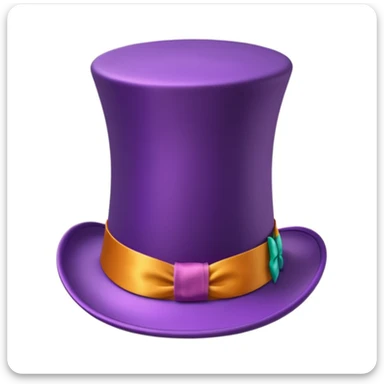 3D emoji of a tall, vintage-style purple top hat with a smooth, slightly glossy surface, wide brim, and a colorful satin ribbon wrapped around the base. Whimsical and elegant, inspired by Willy Wonka’s iconic headwear. Apple-style cartoon finish, soft shadows, clean white background. sticker