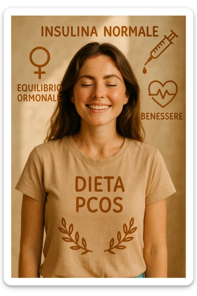 vertical realistic image of a smiling and healthy woman with normal insulin levels thanks to a specific diet for PCOS, symbols of hormonal balance and well-being, warm lighting, Italian captions, aspect ratio 2:3 sticker