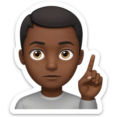 Male with a big head, dark skin, eyes looking to the side, pointer finger touching the outside corner of the eye sticker