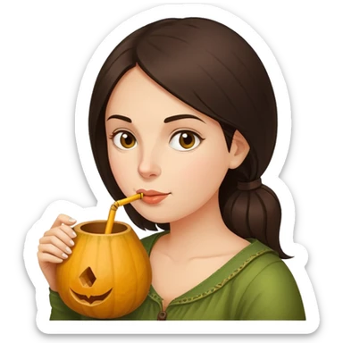 brunette woman drinking mate from a gourd with a bombilla straw, simple expressive face sticker