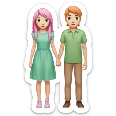 full-length happy couple, girl with long pink hair and green eyes in pastel dress, boy with light brown hair in casual shirt sticker