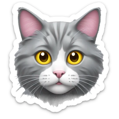 Grey fluffy cat, yellow eye, pink nose, white mouth sticker