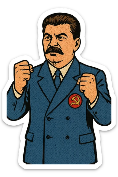 A full body image of a political leader who looks like Joseph Stalin and who is wearing a blue suite with a large badge of the communist party on his jacket.  He will look determined and showing his fists sticker